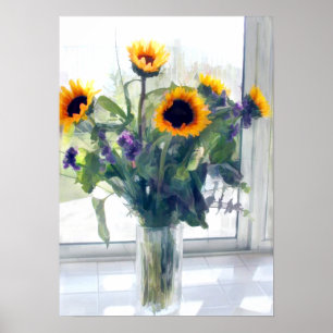 Sonnenblumenanordnung im Fenster Poster