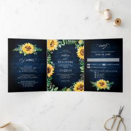 Sonnenblumenbaby-Atem Navy Blues Hochzeit Dreifach Gefaltete Ankündigung