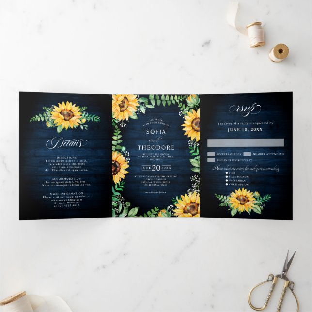 Sonnenblumenbaby-Atem Navy Blues Hochzeit Dreifach Gefaltete Ankündigung (Innenseite)