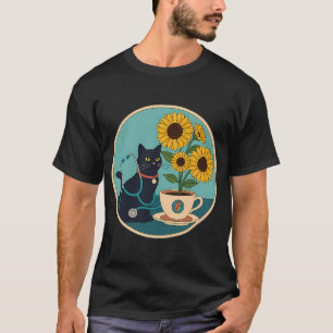 Sonnenblumenband schwarze Katze Stethoskop Kaffeet T-Shirt