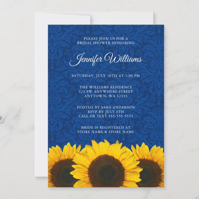 Sonnenblumenblau Damask Brautparty Einladung (Vorderseite)