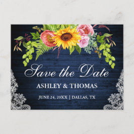 Sonnenblumenblume Blaue Holzspitze Save the Date Einladungspostkarte