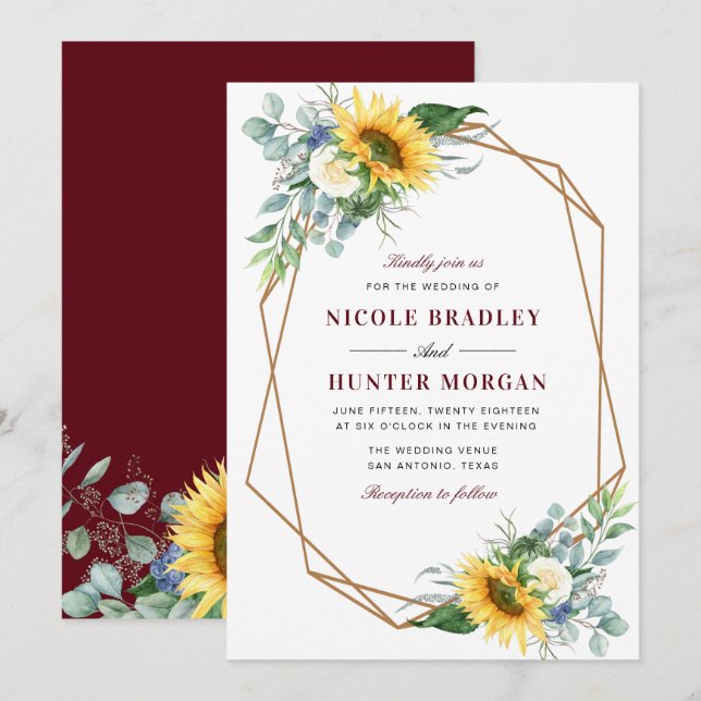 Sonnenblumenblume, Bordeaux, geometrische Hochzeit Einladung (Vorne/Hinten)
