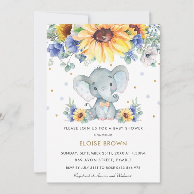 Sonnenblumenblume Elephant Baby Dusche Einladung (Vorderseite)
