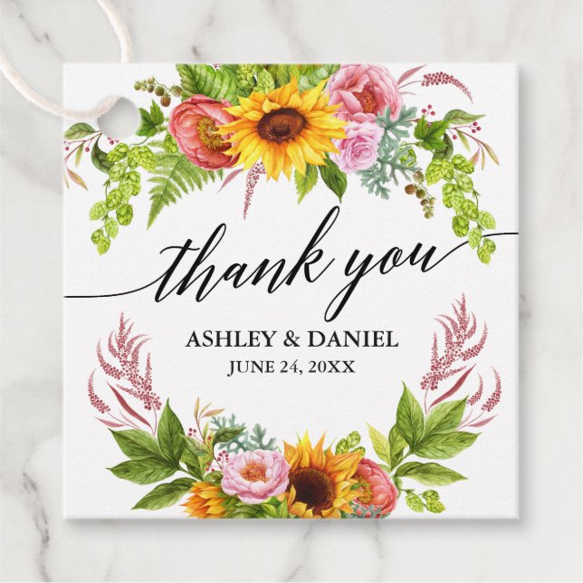 Sonnenblumenblume Hochzeitskalligrafie Vielen Dank Geschenkanhänger (Vorderseite)