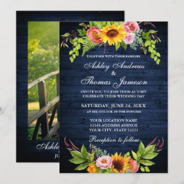 Sonnenblumenblume Rustikales blaues Foto Hochzeit Einladung