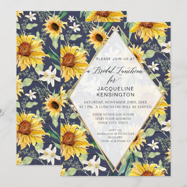Sonnenblumenblume Wasserfarbe Foliage Navy Bridal Einladung (Vorne/Hinten)