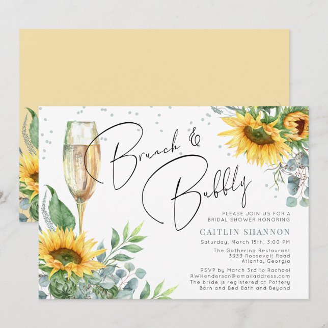 Sonnenblumenbrunch und Bubbly Brautparty Einladung (Vorne/Hinten)