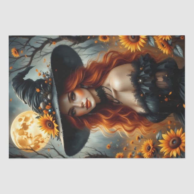 Sonnenblumenernte Hexe mit fiery Red Hair Seidenpapier (Vorderseite)
