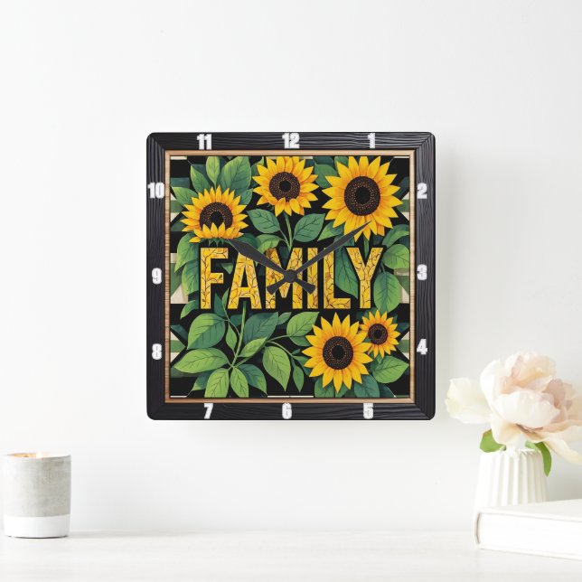 Sonnenblumenfamilie Rustikales Textdesign Quadratische Wanduhr (Zuhause)