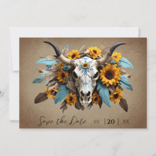 Sonnenblumenfeder-Kuh-Schädelhochzeit Save The Date