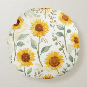 Sonnenblumenfeld-Aquarellmalerei Floral Gelb Rundes Kissen