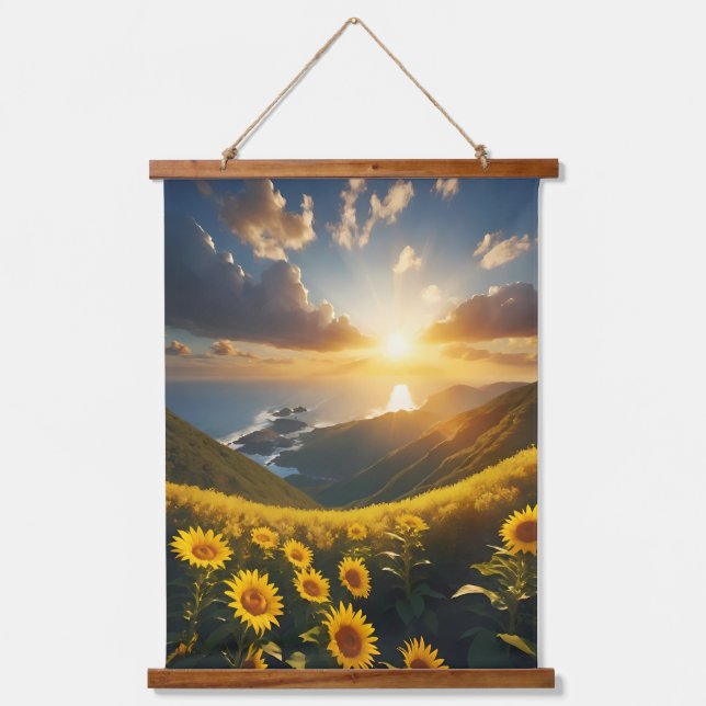 Sonnenblumenfeld Blauer Himmel Sonnenlicht Ozean s Wandteppich Mit Holzrahmen (Vorderseite)