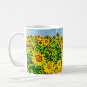 Sonnenblumenfeld im Sommer Sonnentag. malerisch Kaffeetasse