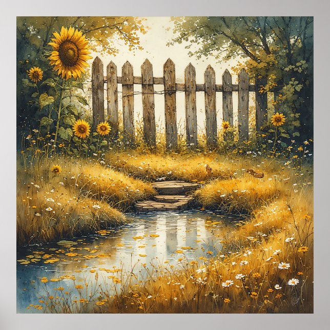 Sonnenblumenfeld mit rustikaler Umzäunung Poster (Vorne)