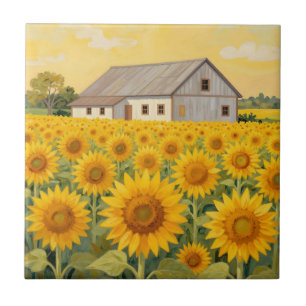 Sonnenblumenfeld Rustikale Scheunenlandschaft Fliese