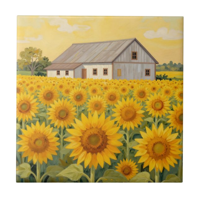 Sonnenblumenfeld Rustikale Scheunenlandschaft Fliese (Vorderseite)