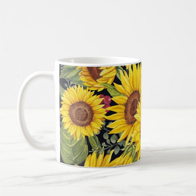Sonnenblumenfeld: schwarzer Hintergrund Kaffeetasse (Links)