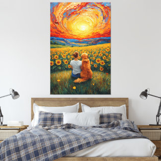 Sonnenblumenfeld-Sonnenuntergang-Hund-und-Mädchen- Leinwanddruck
