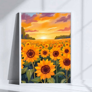 Sonnenblumenfeld Sonnenuntergang Landschaftsmalere Poster