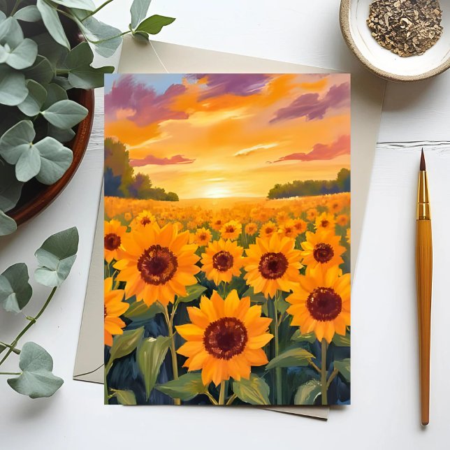 Sonnenblumenfeld Sonnenuntergang Landschaftsmalere Postkarte (Von Creator hochgeladen)