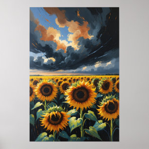 Sonnenblumenfeld unter dramatischer Himmel Landsch Poster