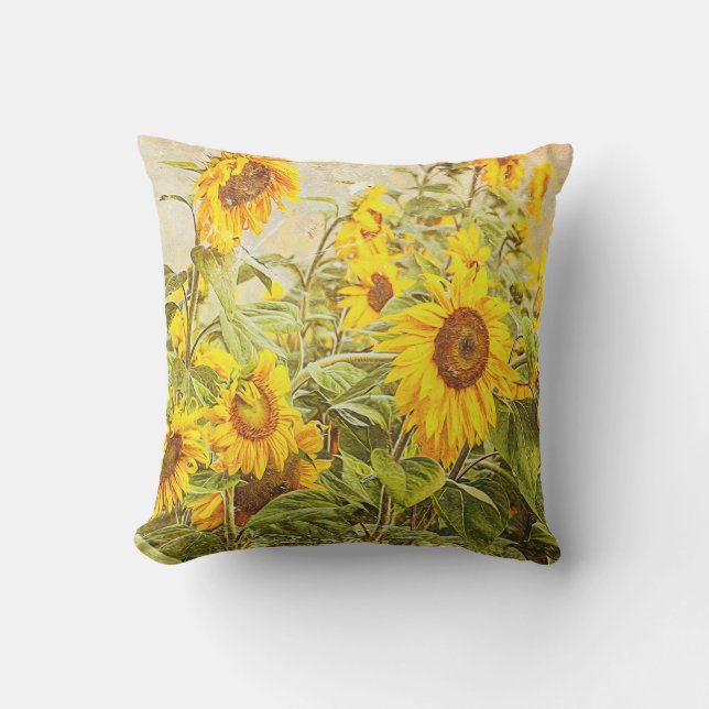 Sonnenblumenfeld Vintag Gelbgrün Kissen (Vorderseite)