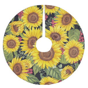 Sonnenblumenfeld: Wasserfarbe schwarzer Hintergrun Polyester Weihnachtsbaumdecke