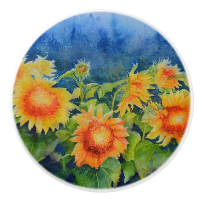 Sonnenblumenfelder orange-gelbe Blumenfelder Keramikknauf (Vorderseite)