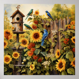 Sonnenblumengarten 5 Vogelhäuser Blaue Vögel Poster