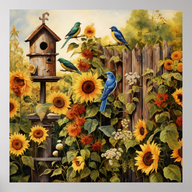 Sonnenblumengarten 5 Vogelhäuser Blaue Vögel Poster (Vorne)