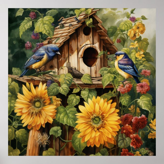 Sonnenblumengarten 6 Vogelhäuser Blaue Vögel Poster (Vorne)