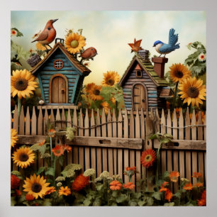 Sonnenblumengarten 7 Vogelhäuser Blaue Vögel Poster