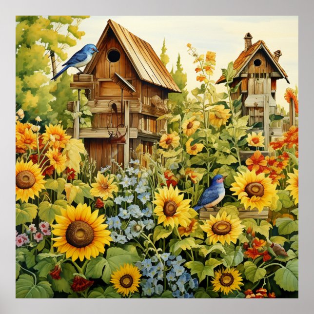 Sonnenblumengarten Vogelhäuser Blaue Vögel Poster (Vorne)