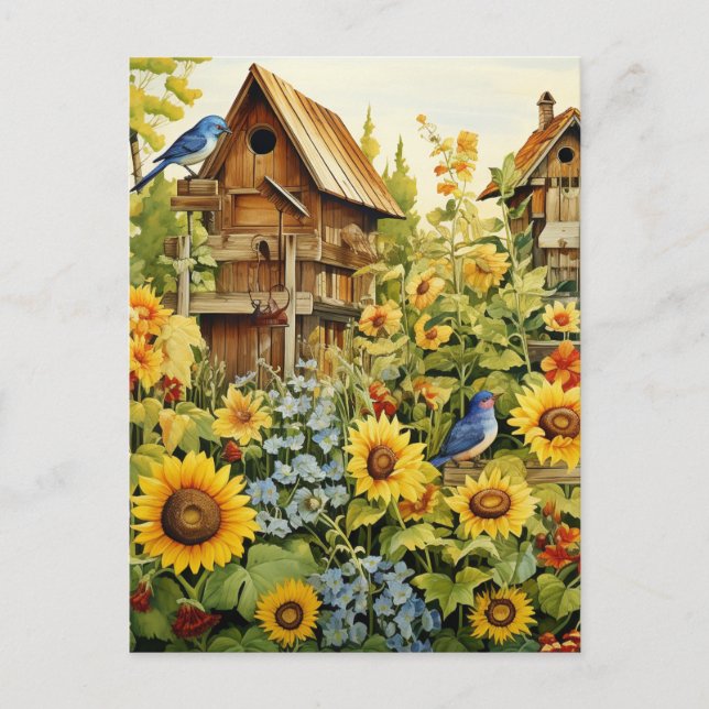 Sonnenblumengarten Vogelhäuser Blaue Vögel Postkarte (Vorderseite)