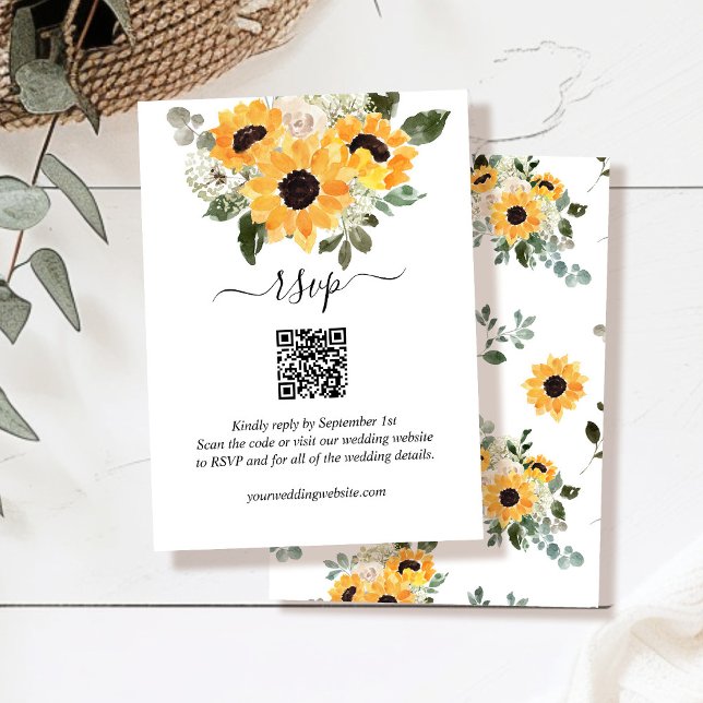 Sonnenblumengeschirr QR Code Hochzeit RSVP Begleitkarte (Von Creator hochgeladen)
