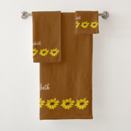Sonnenblumengrenze auf Braun mit Namen Badhandtuch Set