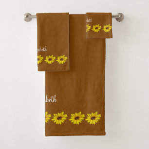 Sonnenblumengrenze auf Braun mit Namen Badhandtuch Set