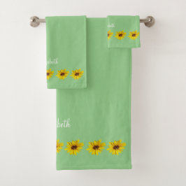 Sonnenblumengrenze auf Grün mit Namen Badhandtuch Set