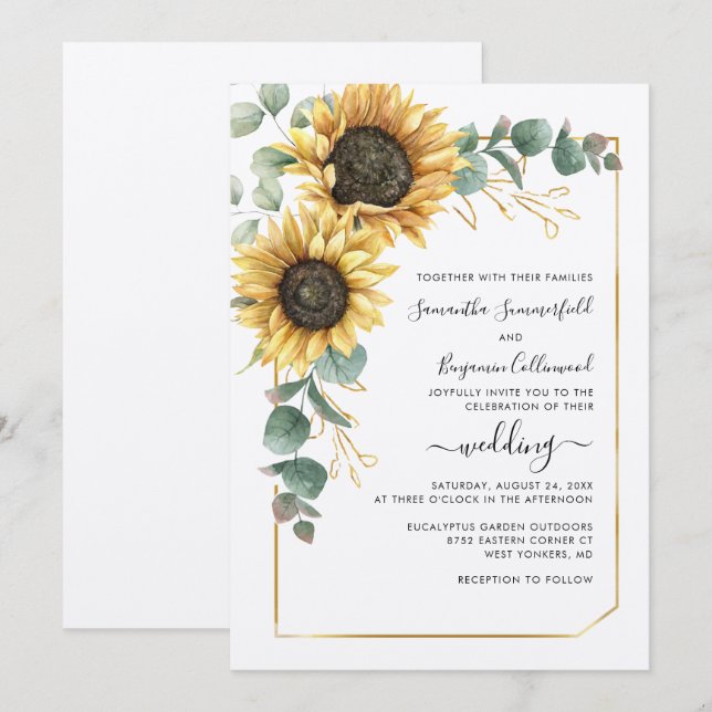 Sonnenblumengrün Botanische Geometrische Hochzeit Einladung (Vorne/Hinten)