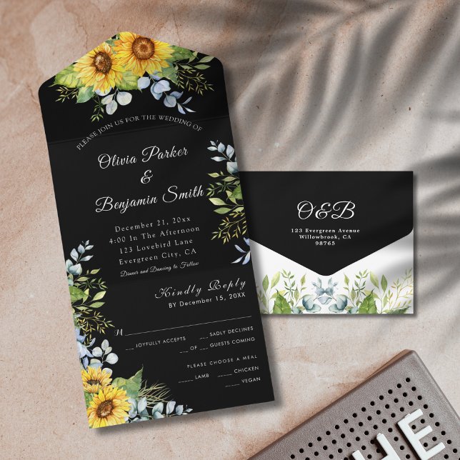 Sonnenblumengrün Foliage Schwarz-weiß Hochzeit All In One Einladung (Sunflower Greenery Foliage Black White Wedding All In One Invitation)