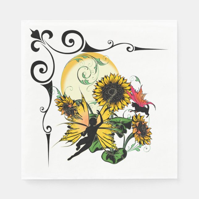 Sonnenblumenhain und Kosmische Katze Serviette (Vorderseite)