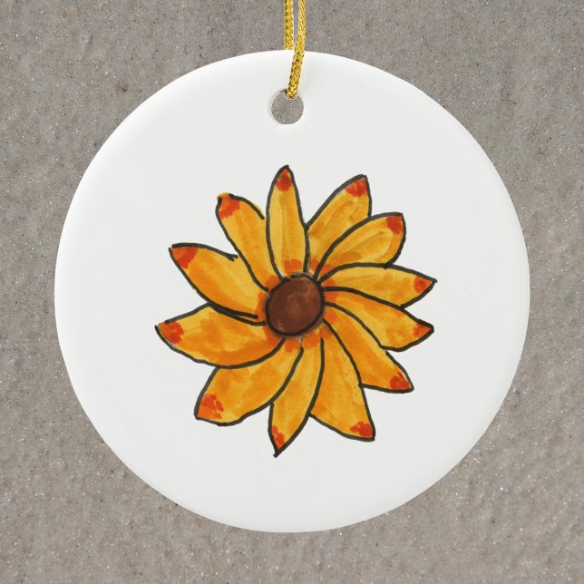 Sonnenblumenhandgezeichnete Farbe Gelb Keramik Ornament (An ornament featuring a hand drawn sunflower done in marker and ink.)