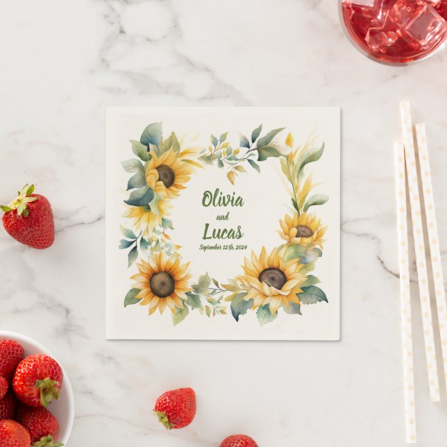 Sonnenblumenherz: Personalisierte Hochzeit von Nap Serviette (Beispiel)
