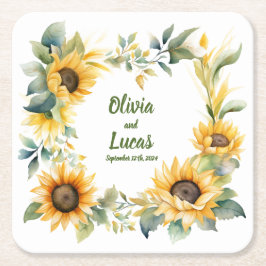 Sonnenblumenherz: Personalisierter Hochzeitstag Un Rechteckiger Pappuntersetzer