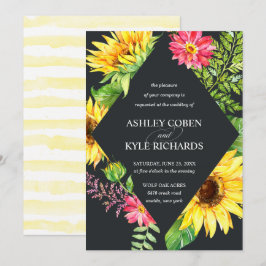 Sonnenblumenhochzeit in Gelb mit dunklem Hintergru Einladung