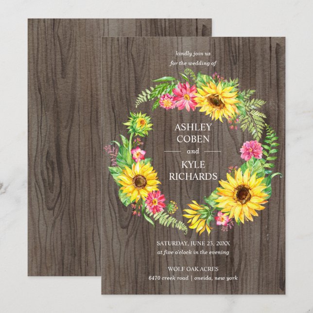 Sonnenblumenhochzeit mit Kranz auf Holzboden Einladung (Vorne/Hinten)