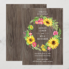 Sonnenblumenhochzeit mit Kranz auf Holzboden Einladung