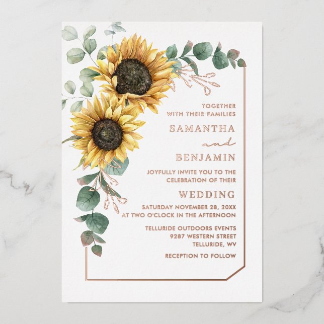 Sonnenblumenhochzeit Rose Gold Folieneinladung (Vorderseite)