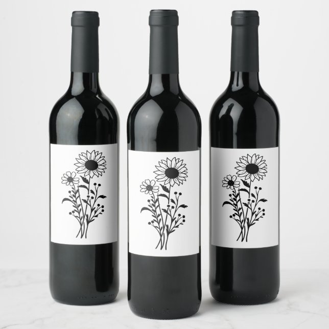 Sonnenblumenhochzeit Rustikale Wildblumen Schwarz- Weinetikett (Flaschen)
